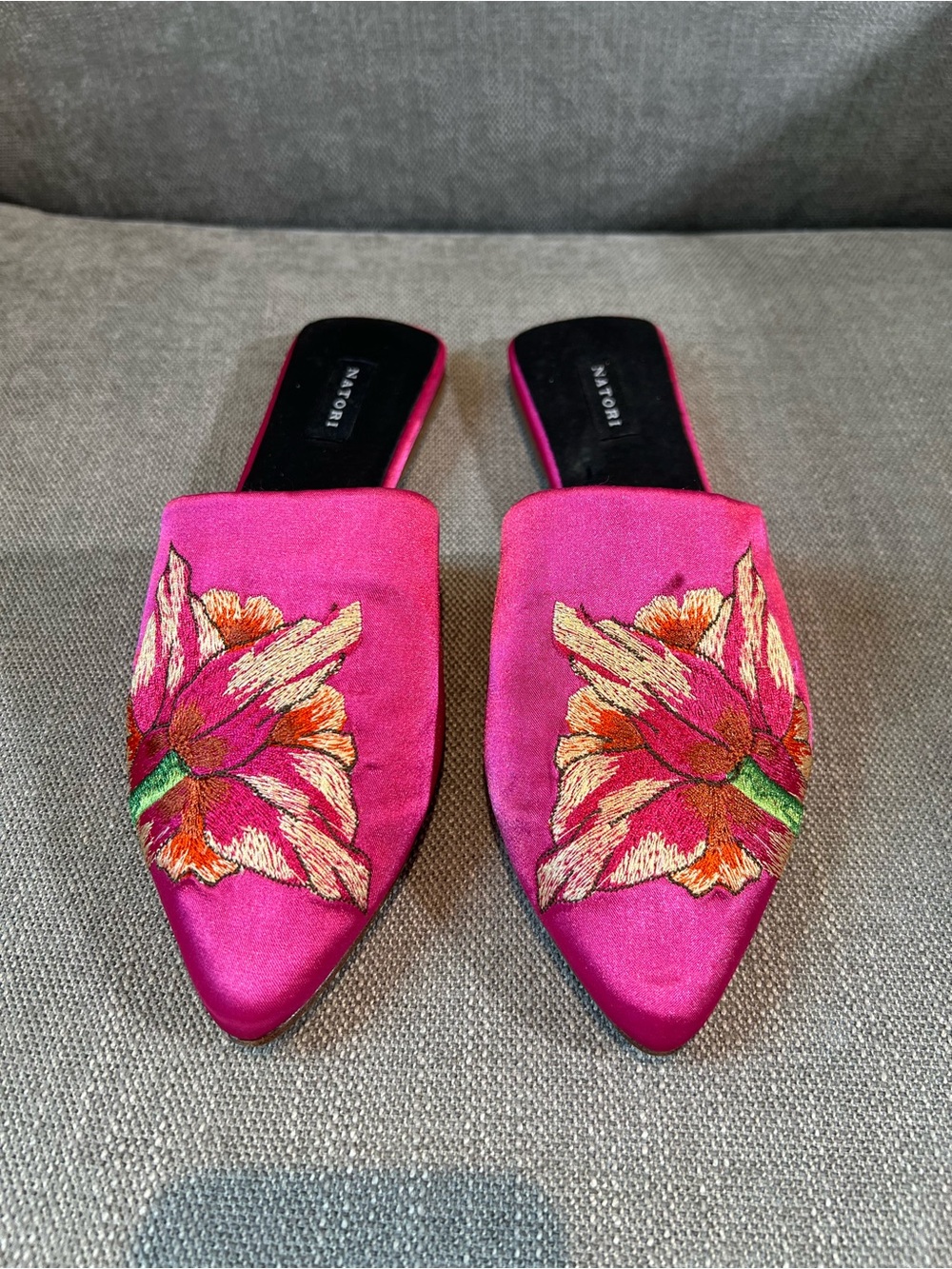 Natori Hot Pink Embroidered Floral Pointed Backless Mules
